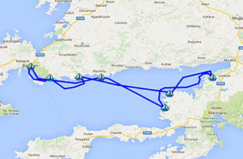 Carte de l'itinéraire pour Golfe de Gokova, location privative de bateau, location de cabines,
www.barbarosyachting.com